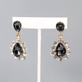 Gray Teardrop Glass Pierced Earrings Gold tone Dangle 2"