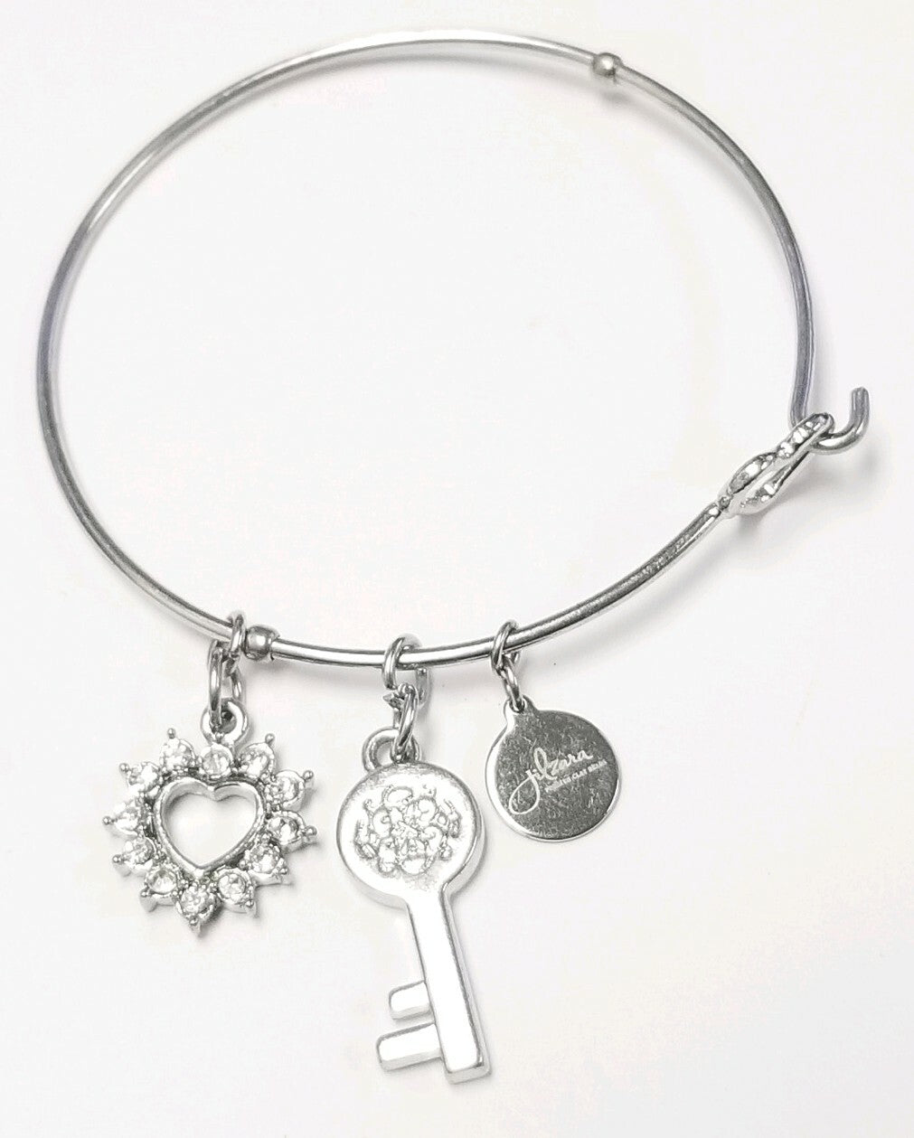 Signed Jilzara Heart Key Silver toned Bangle Charm Bracelet 