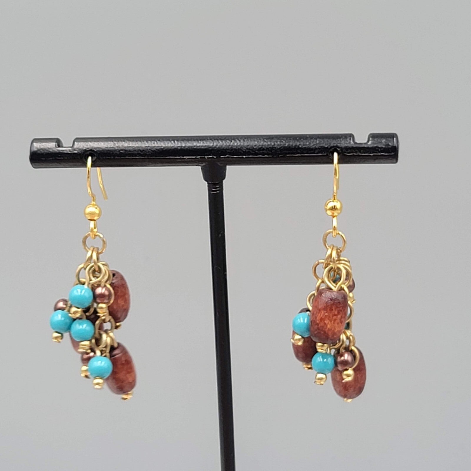 Wood Bead Pierced Earrings Gold tone Blue Bead Dangle 1.25"