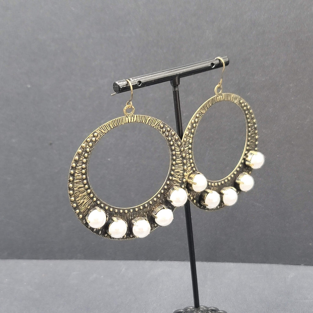 Pierced Earrings Bronze tone Large Hoops Faux Pearl Accents Statement Drop 2.25"