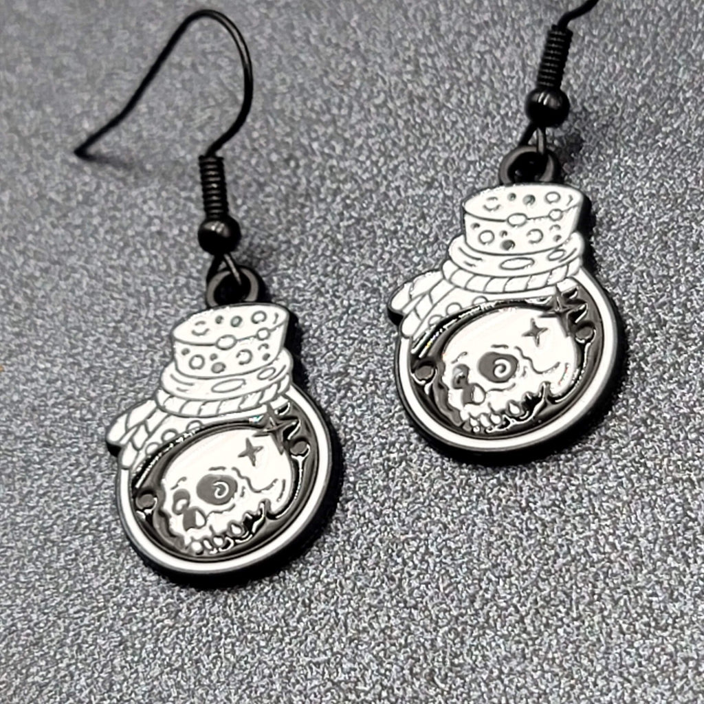 Poison Skull in Jar Pierced Earrings Black White Enamel Dangle Halloween 7/8" 