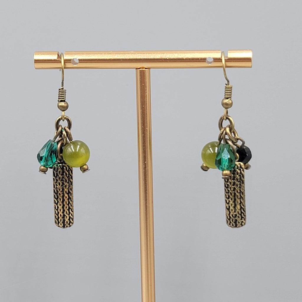 Green Black Glass Bead Pierced Earrings Bronze tone Dangle 1.25 in