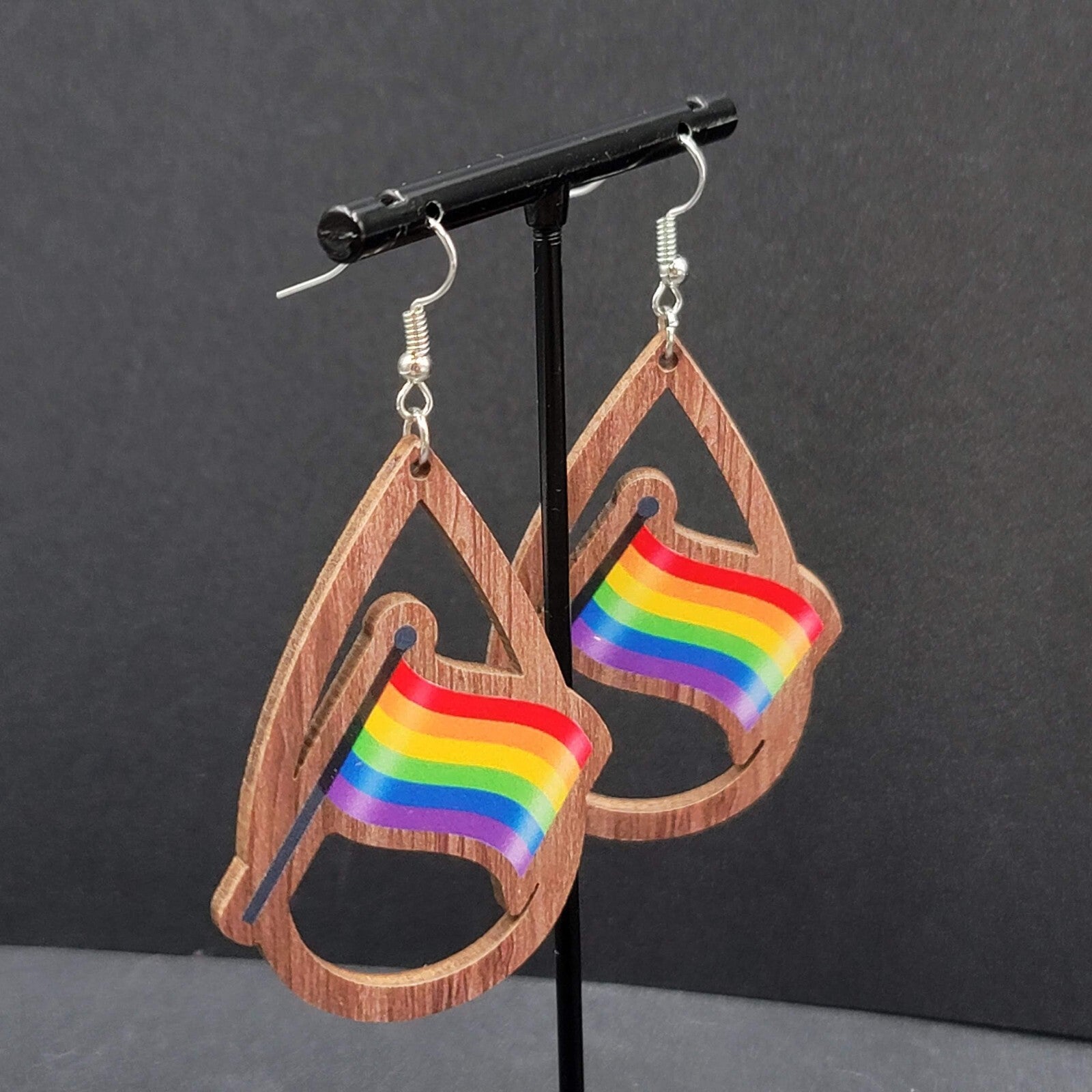 New PRIDE FLAG Pierced Earrings Rainbow Wood Teardrop Dangle 2.25"