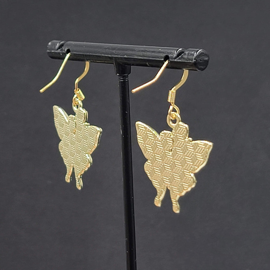 Pink Tulip Purple Moth Enamel Pierced Earrings Gold tone Dangle Butterfly 1"