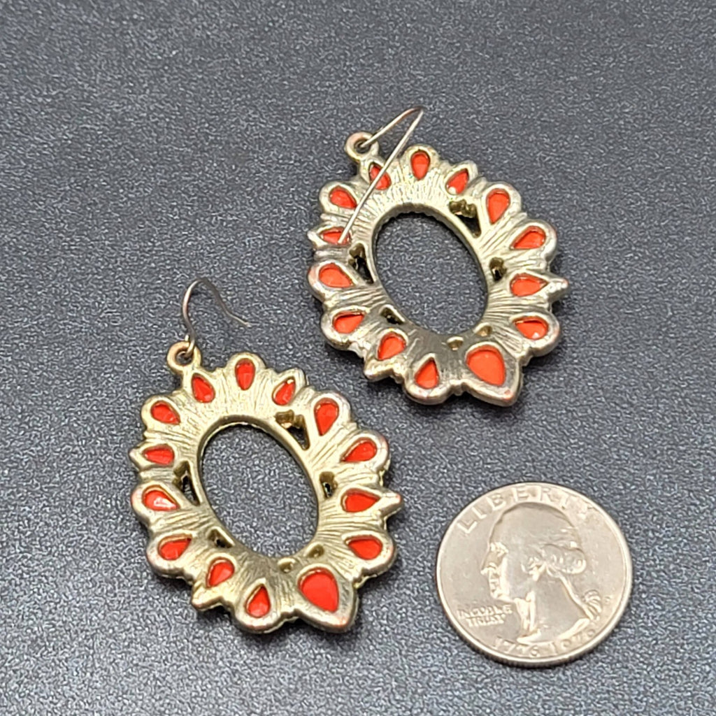 Pierced Earrings Gold tone Orange Open Teardrop Dangle 1.75"