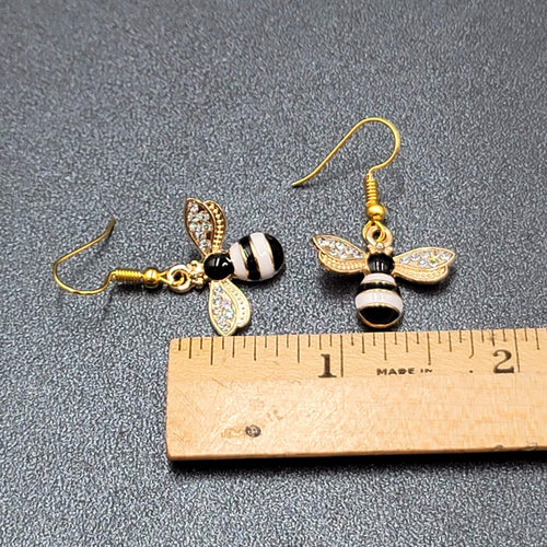 Bumble Bee Pierced Earrings Gold tone Rhinestone White Enamel Dangle New 5/8"