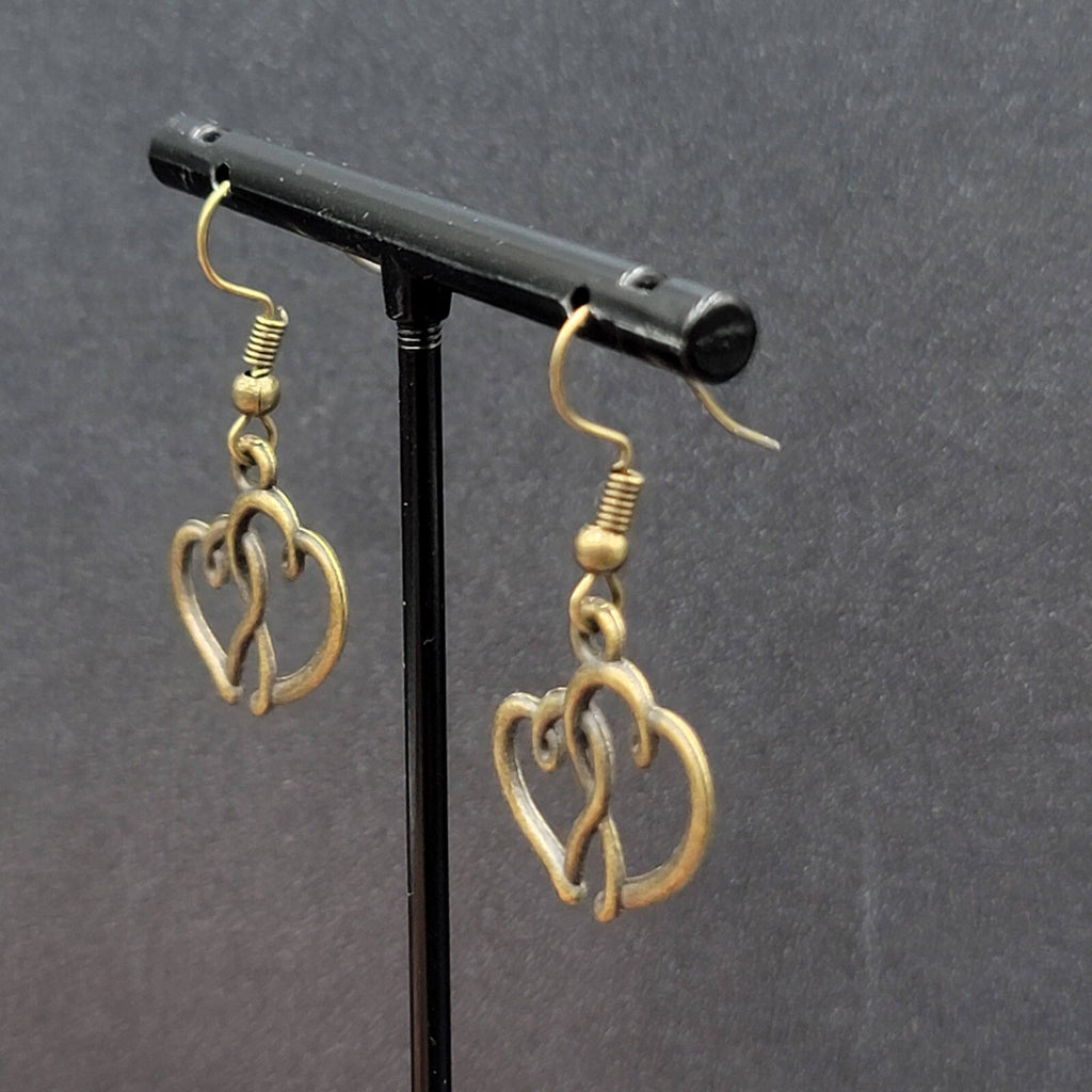 New Double Open Hearts Pierced Earrings Bronze tone Dangle 3/4"