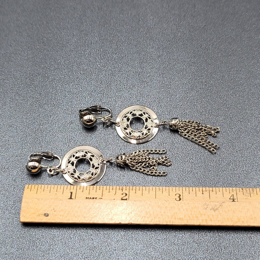 Vintage Clip on Earrings Silver tone Open Circle Tassel Chains  2.75"