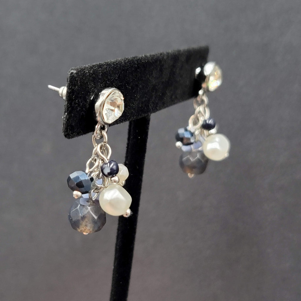 Pierced Earrings Silver tone Crystal Glass Pearl Beads Blues Dangle 1.25"