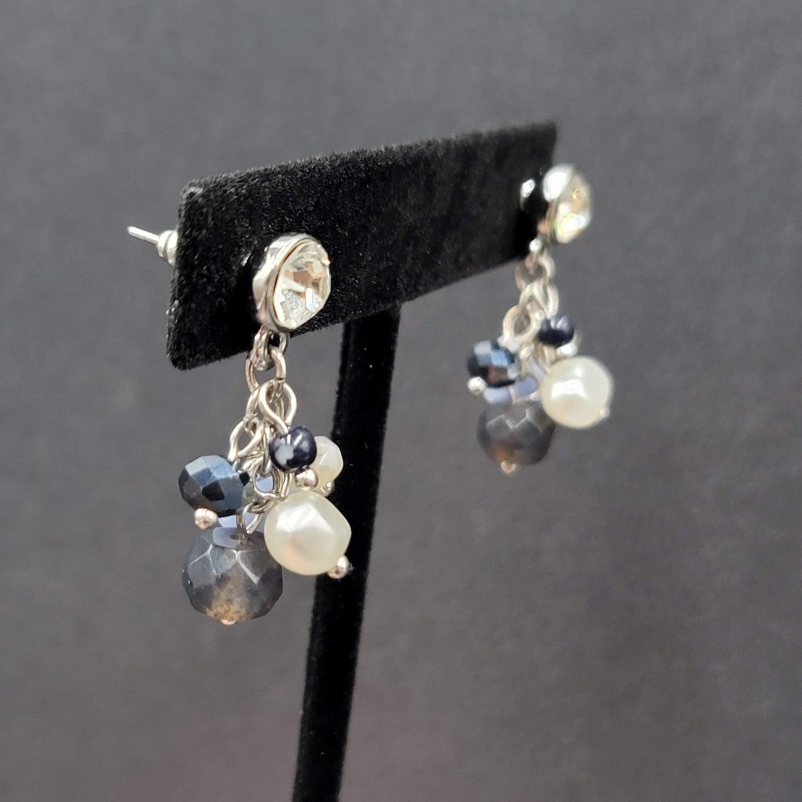 Pierced Earrings Silver tone Crystal Glass Pearl Beads Blues Dangle 1.25"