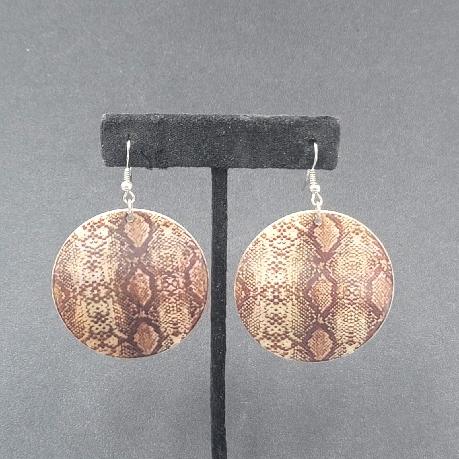 Pierced Earrings Snake Skin Print on Sea Shell 1.75"