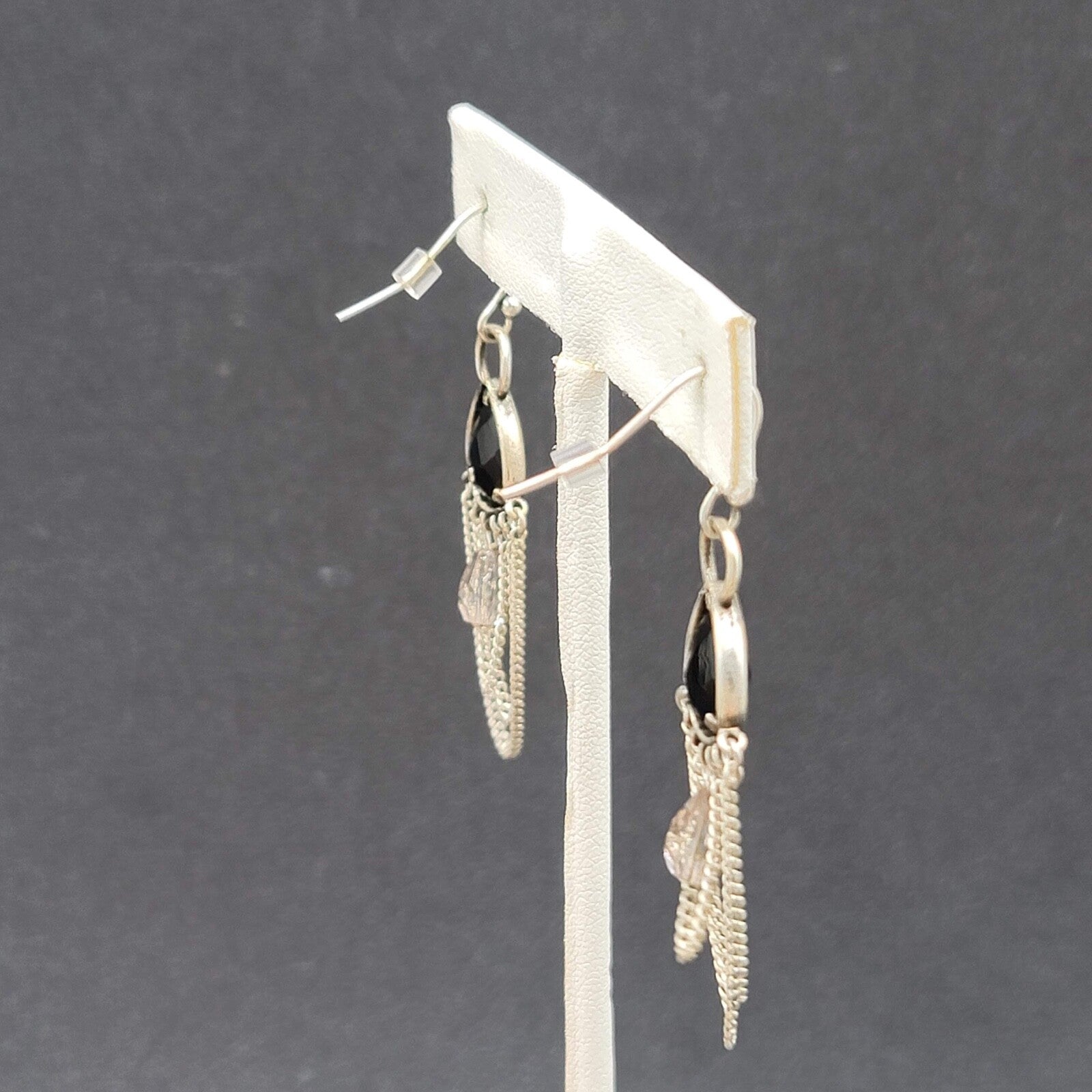 Pierced Earrings Silver tone Black Faceted Teardrop Chains  1.75"