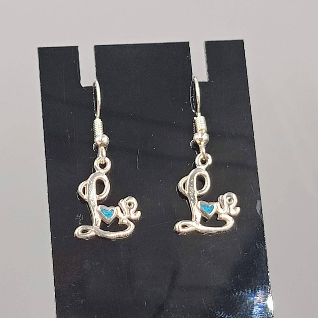 Vintage LOVE Pierced Earrings Crushed Turquoise Inlay Silver tone Dangle 5/8"
