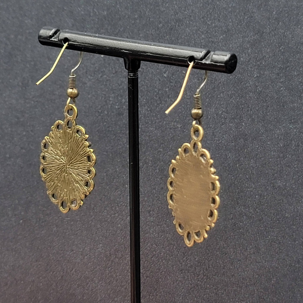 Pierced Earrings Bronze tone Glass Cabochon Vintage Quilt Patterns 1.25"