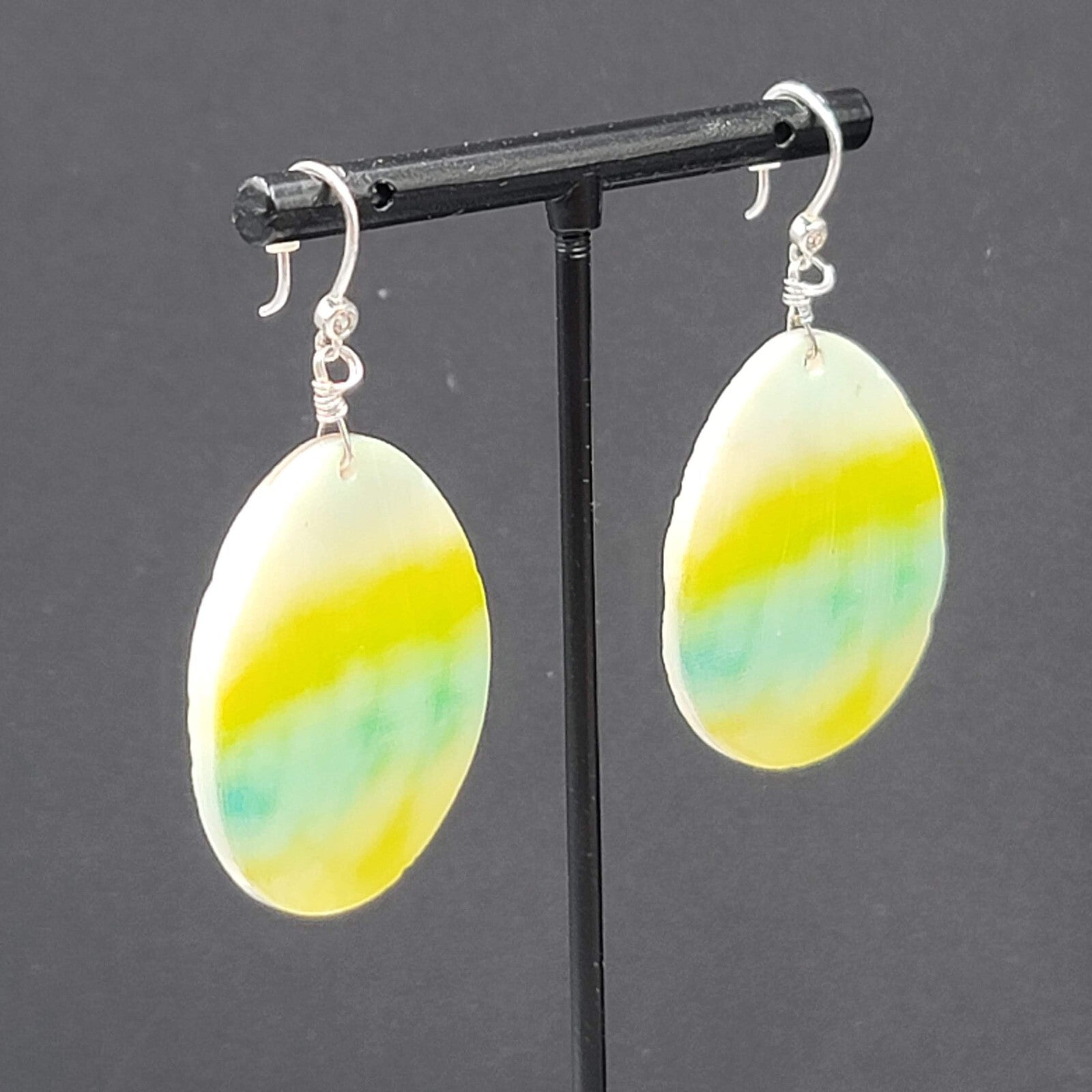 Shell Pierced Earrings Mother of Pearl Yellow Green Teardrop Dangle 1 5/8"