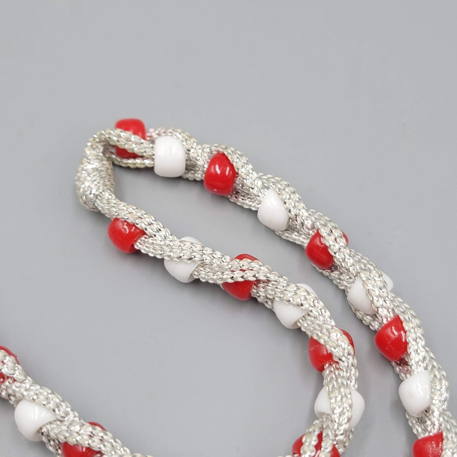 Vintage Braided Beaded Necklace Silver Cord Tassel 28" Statement Jewelry Retro