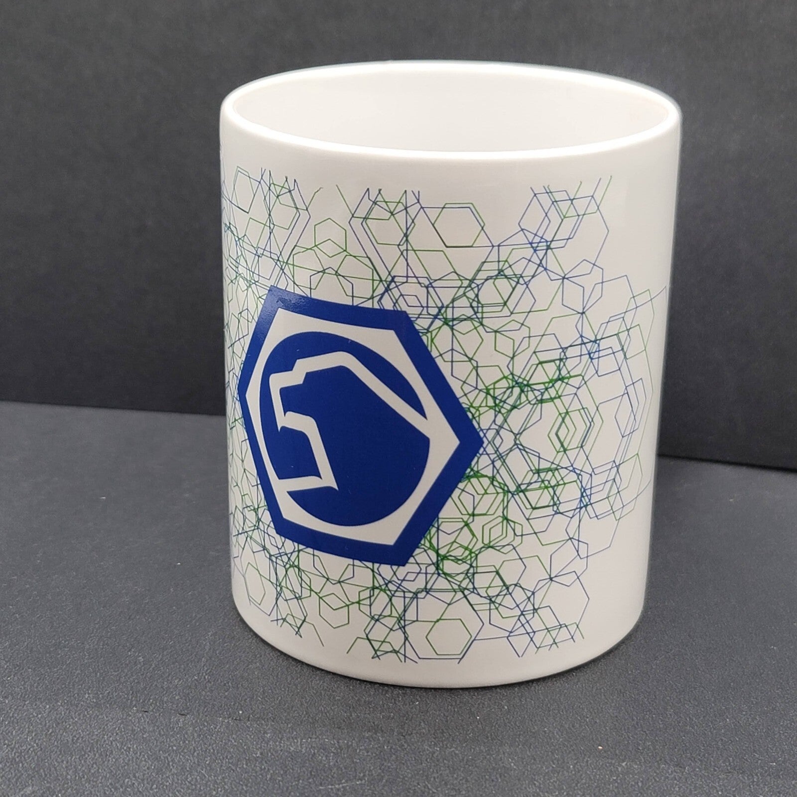 Matco Tools Vintage Ceramic Coffee Mug Cup White Blue Green Hex Design