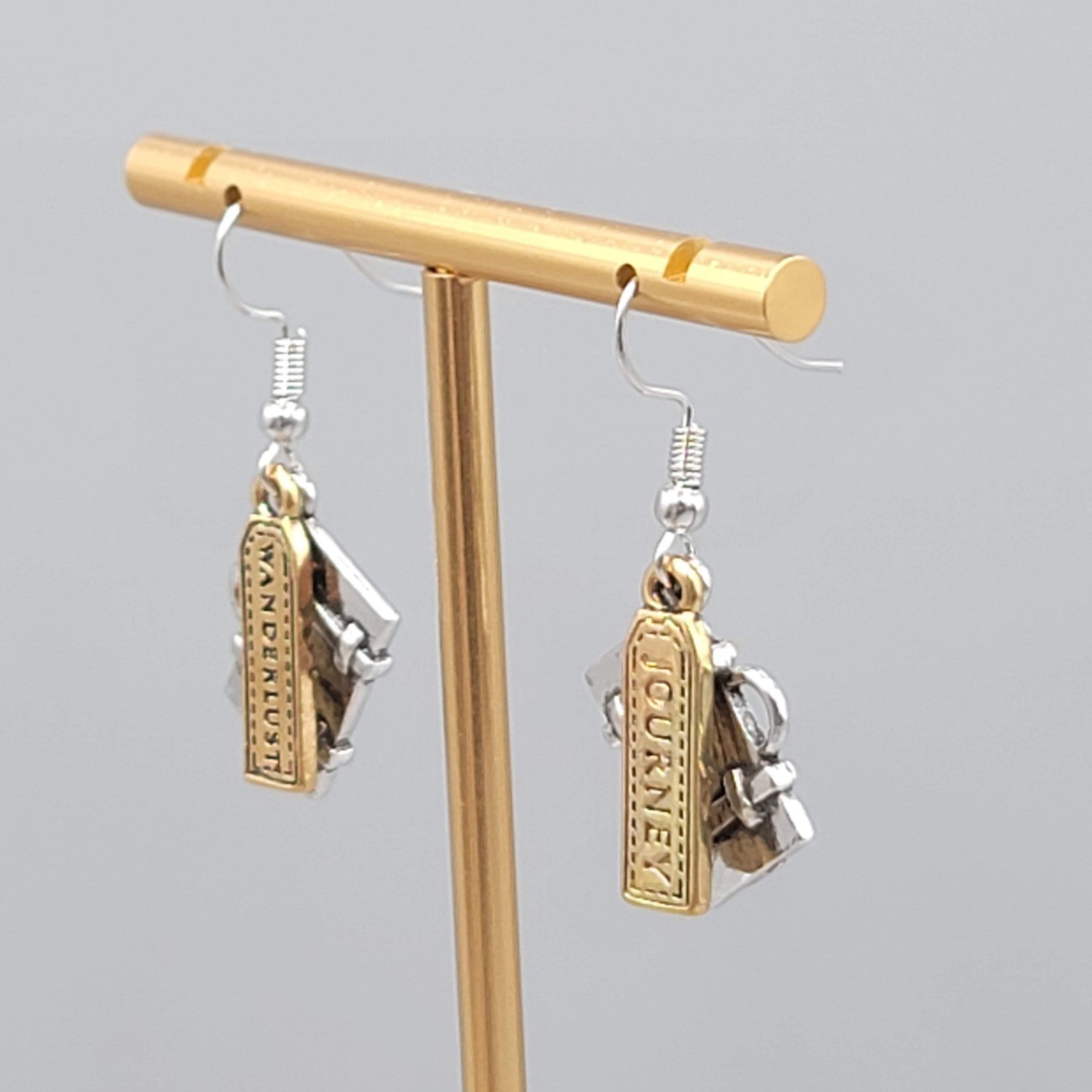 Travel Theme Pierced Earrings Suitcase JOURNEY WANDERLUST Two Toned Dangle 1"