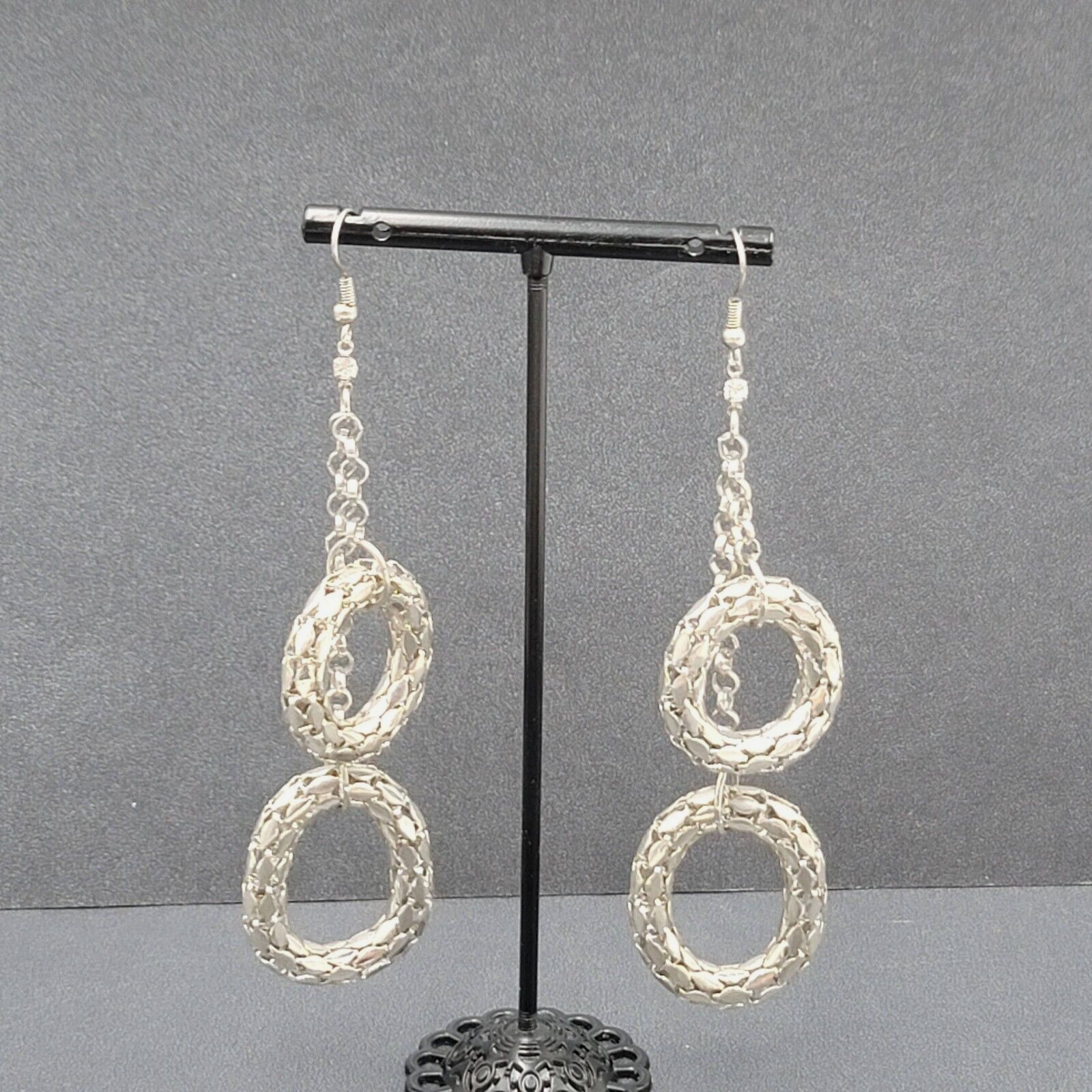 Pierced Earrings Silver tone Statement Dangle Chains 3.25"