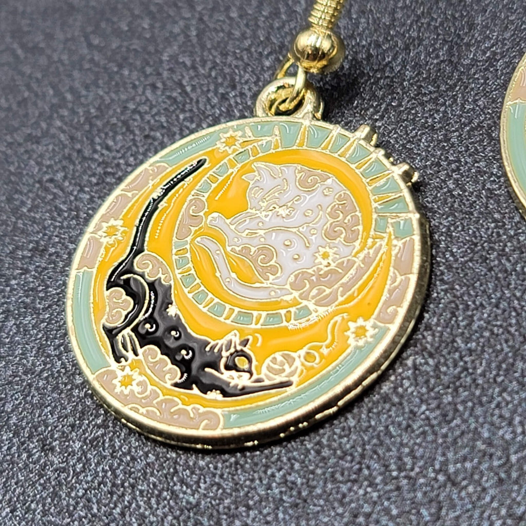Pierced Earrings Gold tone Enamel Black Cat White Cat Sun Moon Dangle 1"