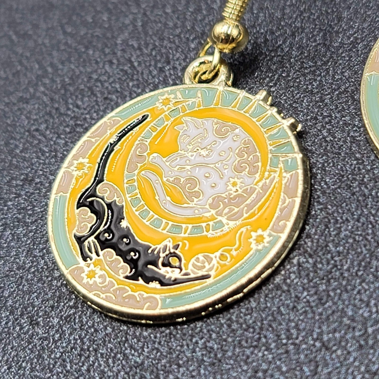 Pierced Earrings Gold tone Enamel Black Cat White Cat Sun Moon Dangle 1"
