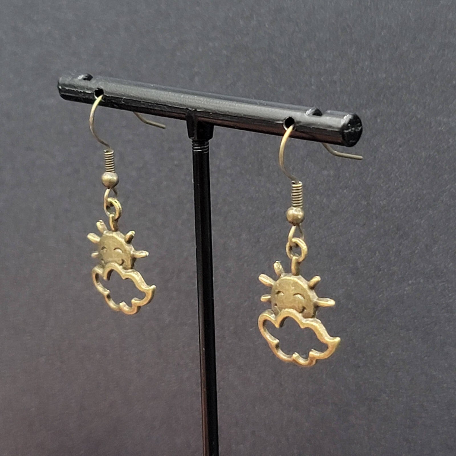 New Happy Sun Clouds Pierced Earrings Bronze tone Dangle 3/4"