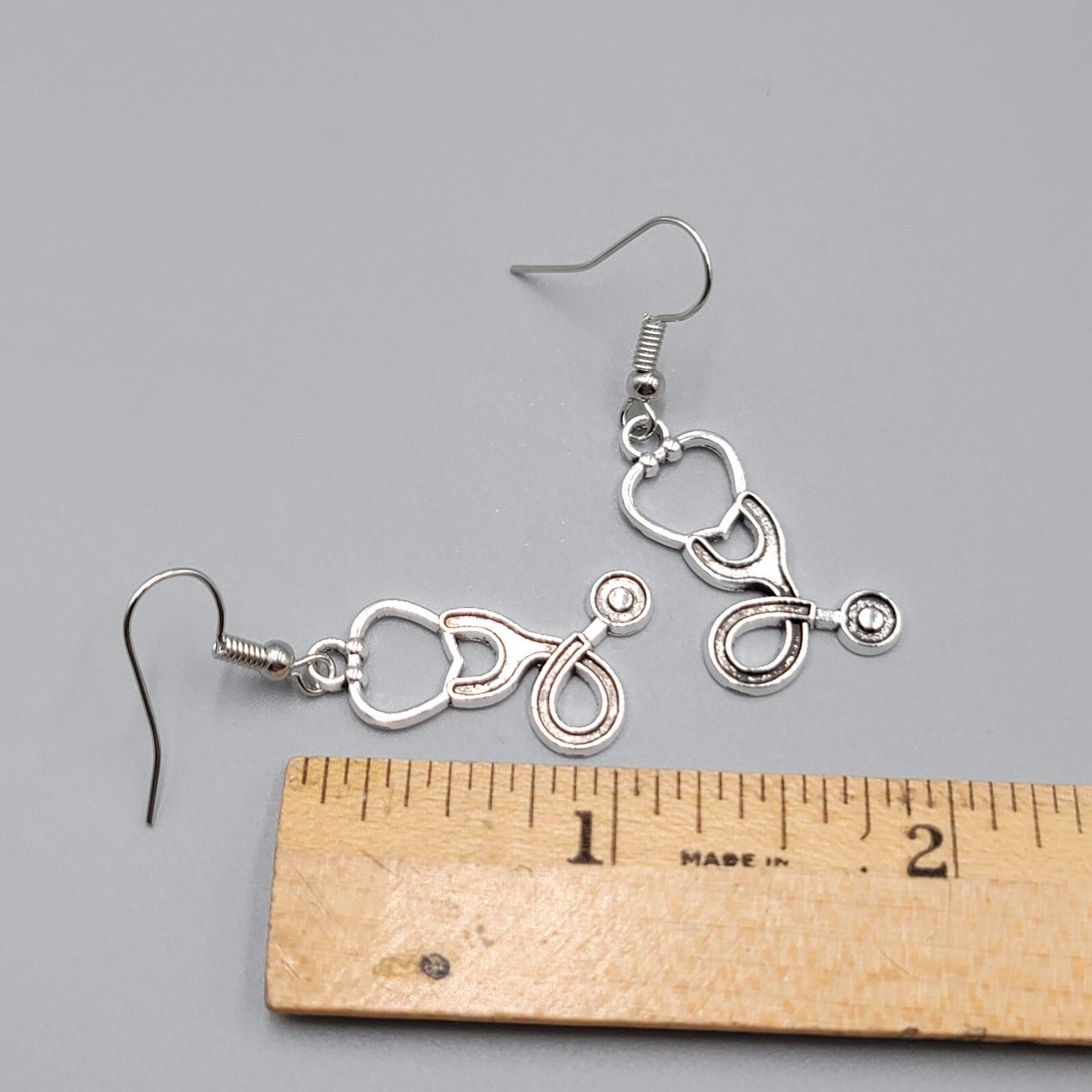 Stethoscope Pierced Earrings Medical Nurse Doctor Dangle Silver tone 1 1/8"