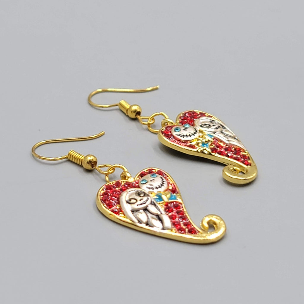 Red Heart Jack Sally Pierced Earrings Gold tone Dangle  1 1/8"