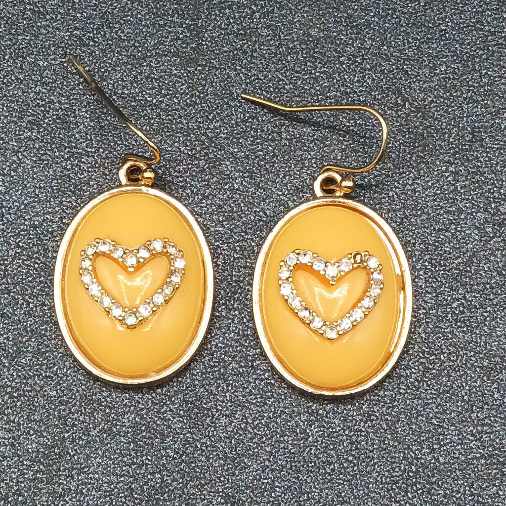 Pierced Earrings Gold tone Peach Color Crystal Heart Dangle 1"