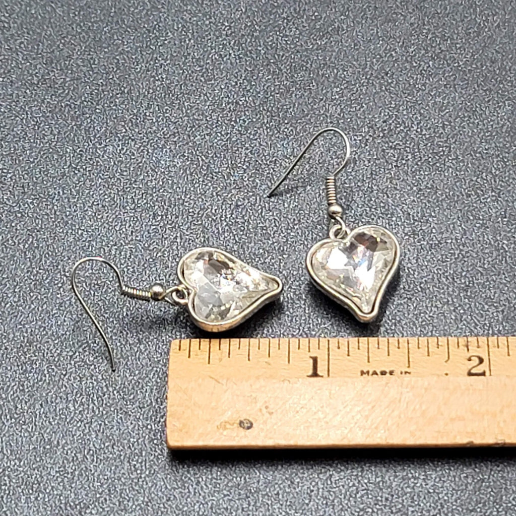 Heart Pierced Earrings Silver tone Faceted Glass Dangle 3/4"