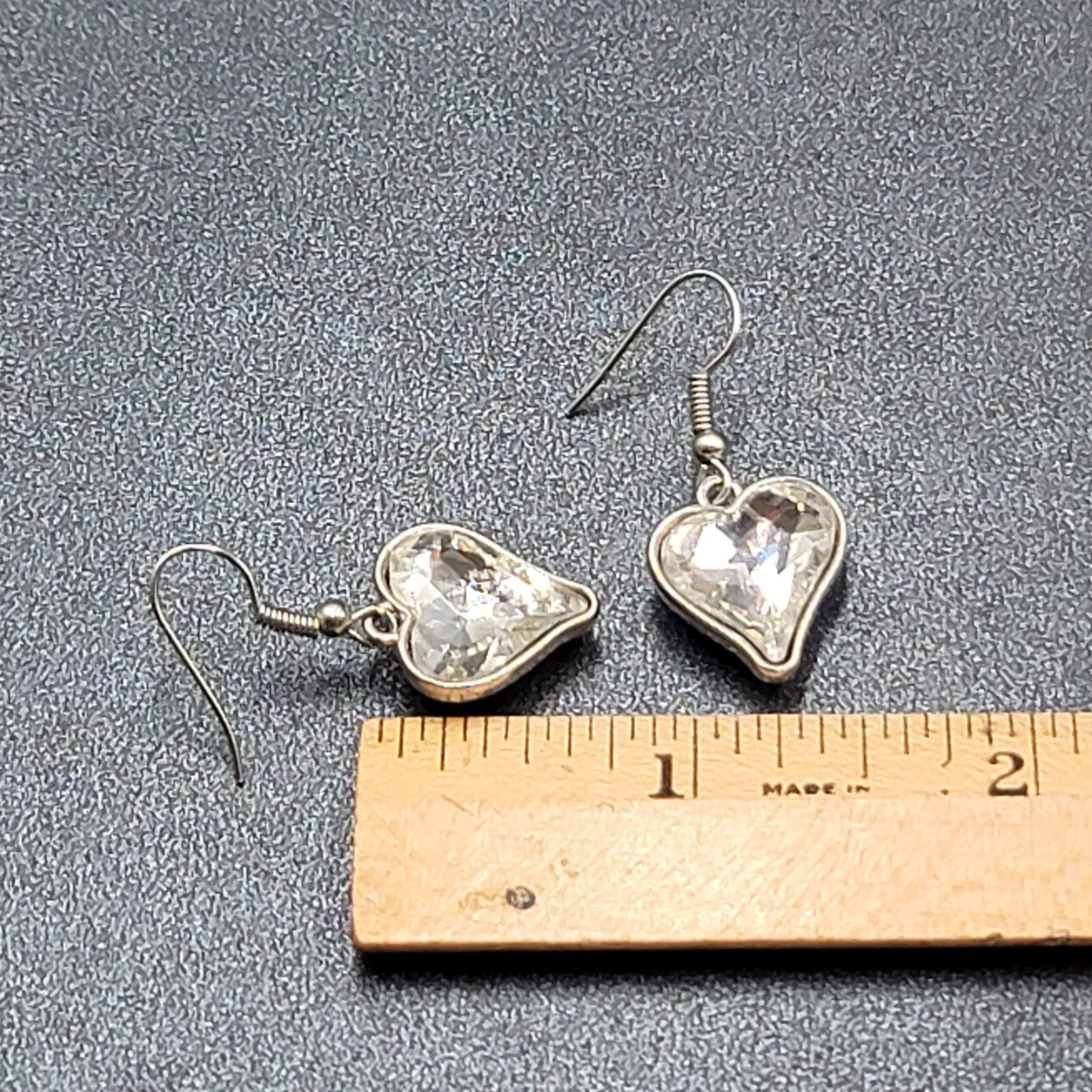 Heart Pierced Earrings Silver tone Faceted Glass Dangle 3/4"
