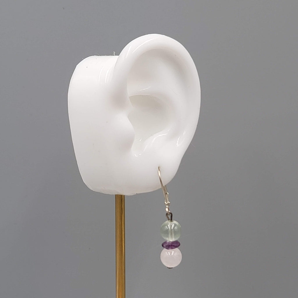 White and Pink Quartz Bead Pierced Earrings Silver tone Dangle Amethyst 7/8"