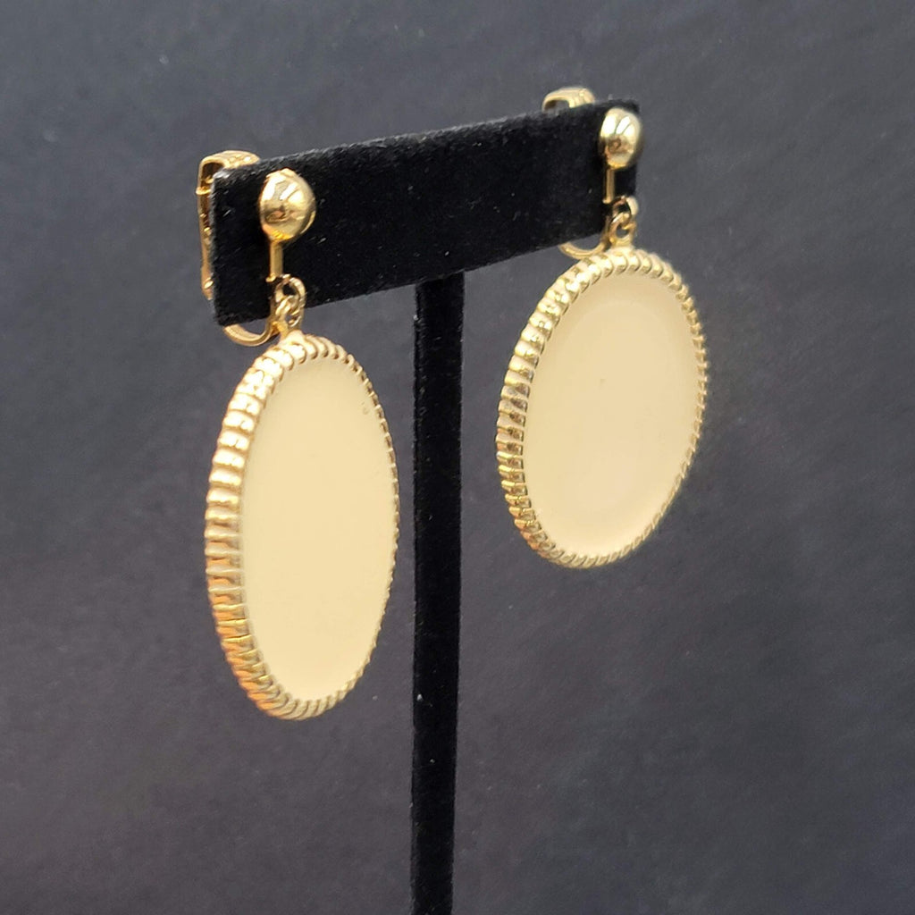 Vintage Clip on Earrings Gold tone Cream White Enamel Oval Dangle 1.5"