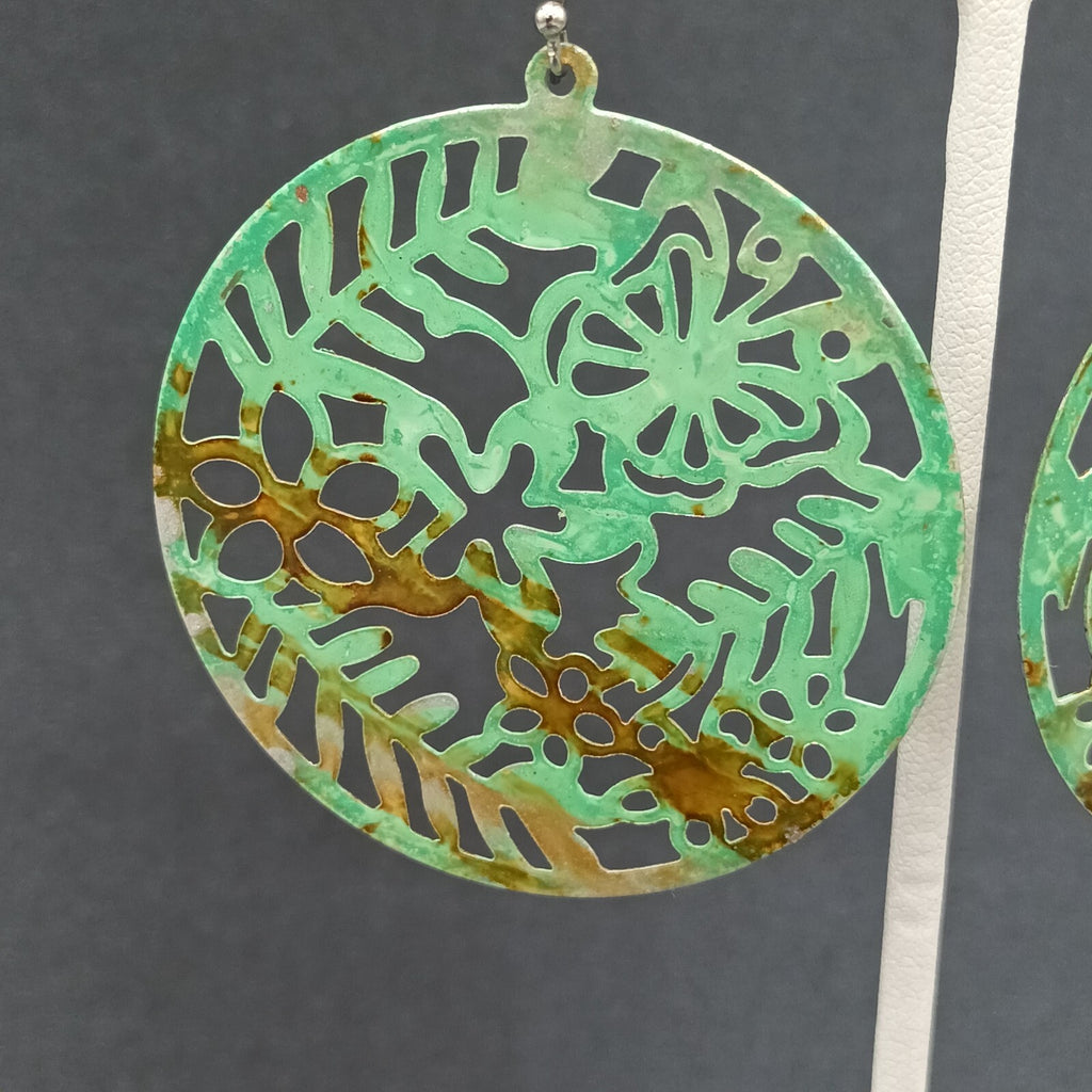 Pierced Earrings Metal Open Work Brown and Green Enamel Medallion Dangle 2"