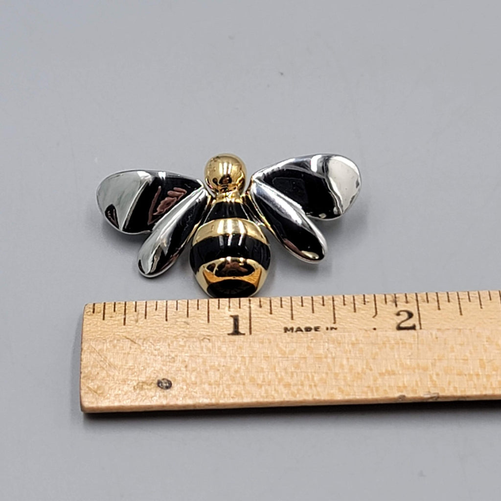 Vintage Bee Brooch Gold and Silver toen Black Enamel High Polish 1 5/8"
