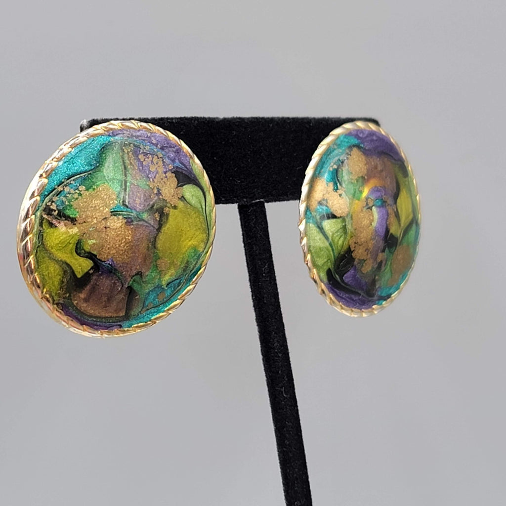Vintage Green Purple Enamel Pierced Earrings Gold tone Round Drop 1.25"