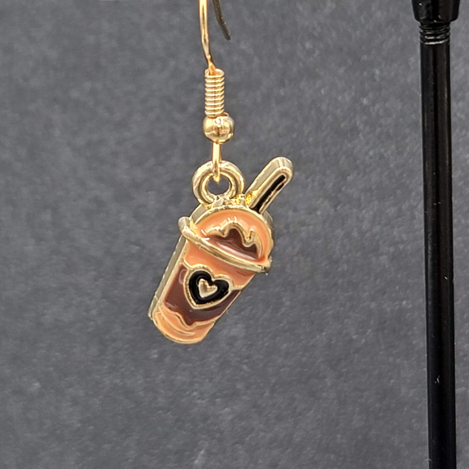 Smoothie Pierced Earrings Shake Coffee Gold tone Dangle Enamel 3/4"