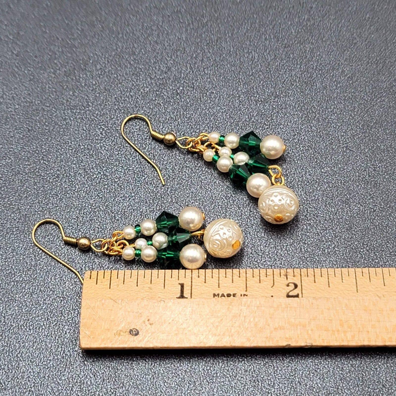 Vintage Pierced Earrings Faux Pearl Green Crystal Beads Dangle 1.5"