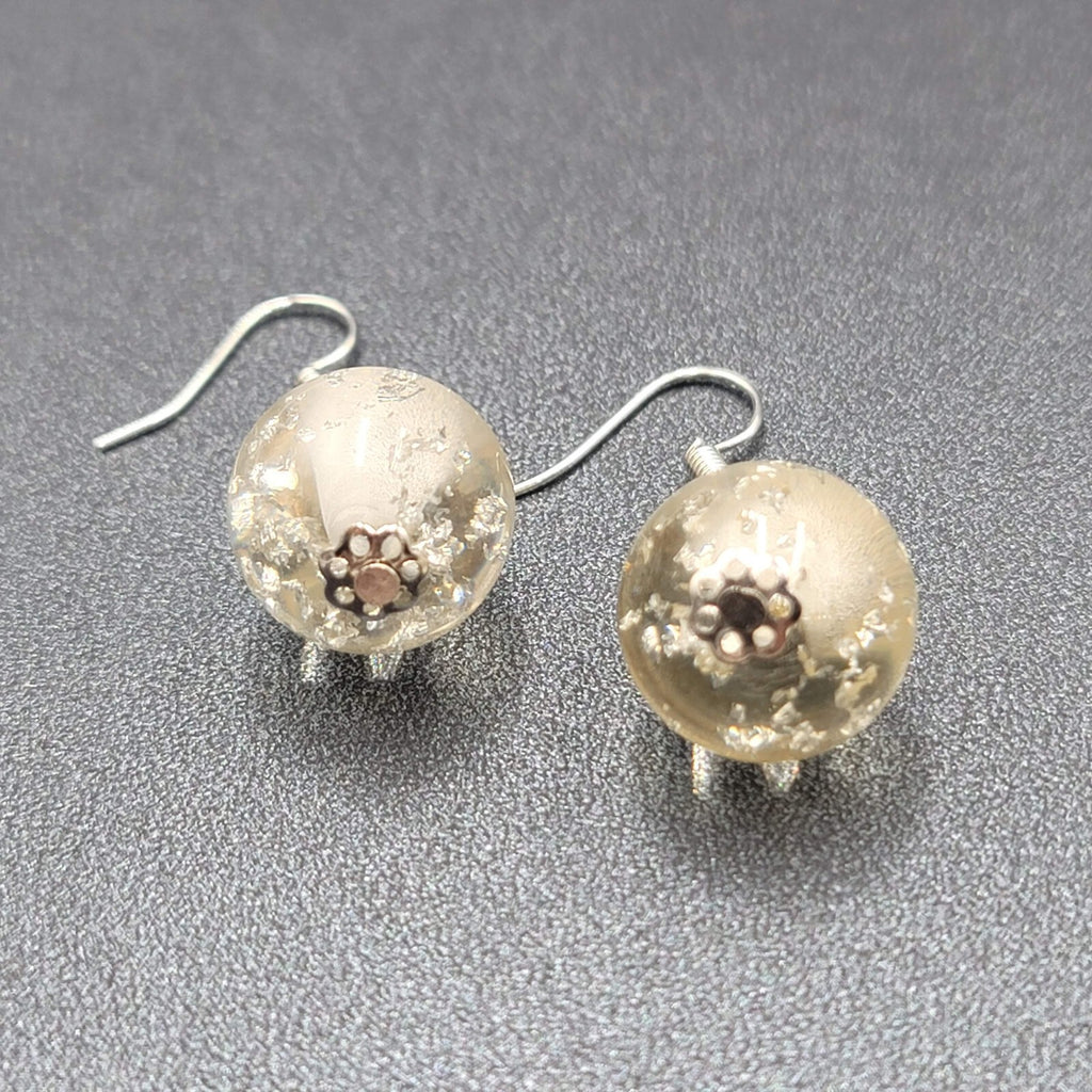 Pierced Earrings Silver tone Acrylic Clear Silver Glitter Bead 3/4"