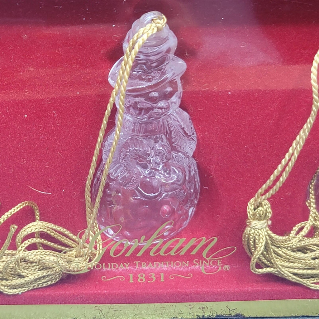 GORHAM GLASS CHRISTMAS LOT OF 3 SNOWMEN ORNAMENTS WITH GOLD TASSEL