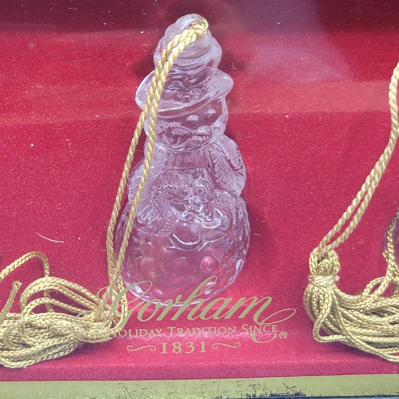GORHAM GLASS CHRISTMAS LOT OF 3 SNOWMEN ORNAMENTS WITH GOLD TASSEL