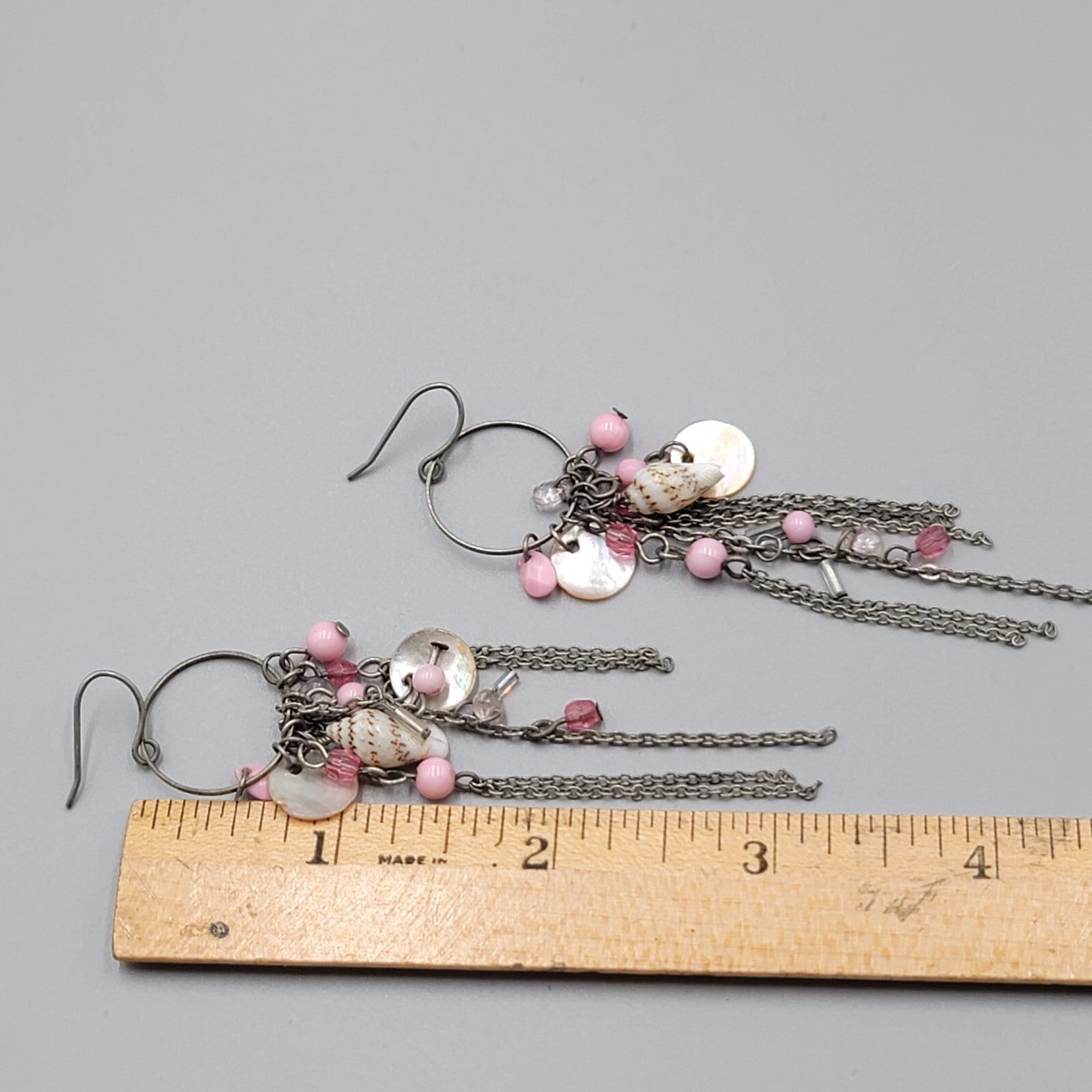 Pink Bead Seashell Pierced Earrings Silver tone Long Dangle Chains 3.25"