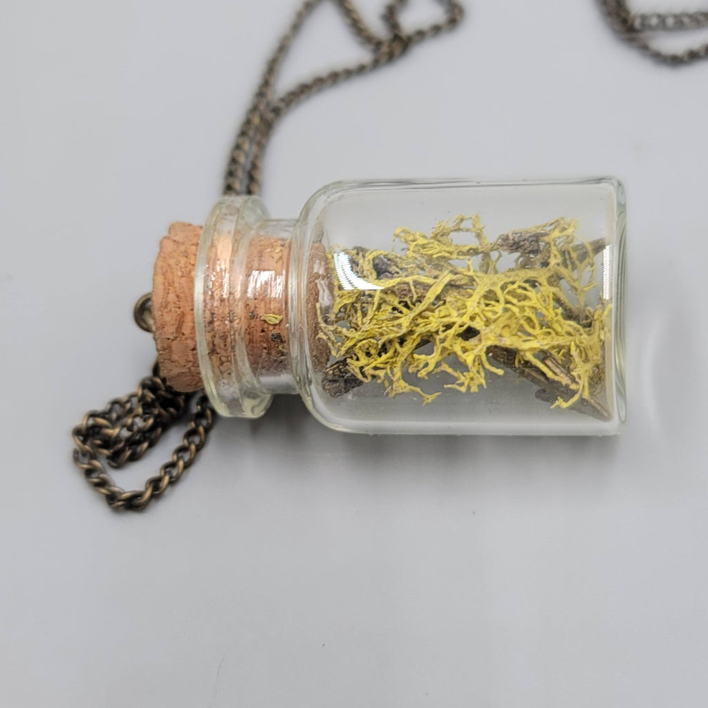 Artisan Glass Bottle Moss Arrows Pendant Necklace Long Bronze tone Chain 32 in