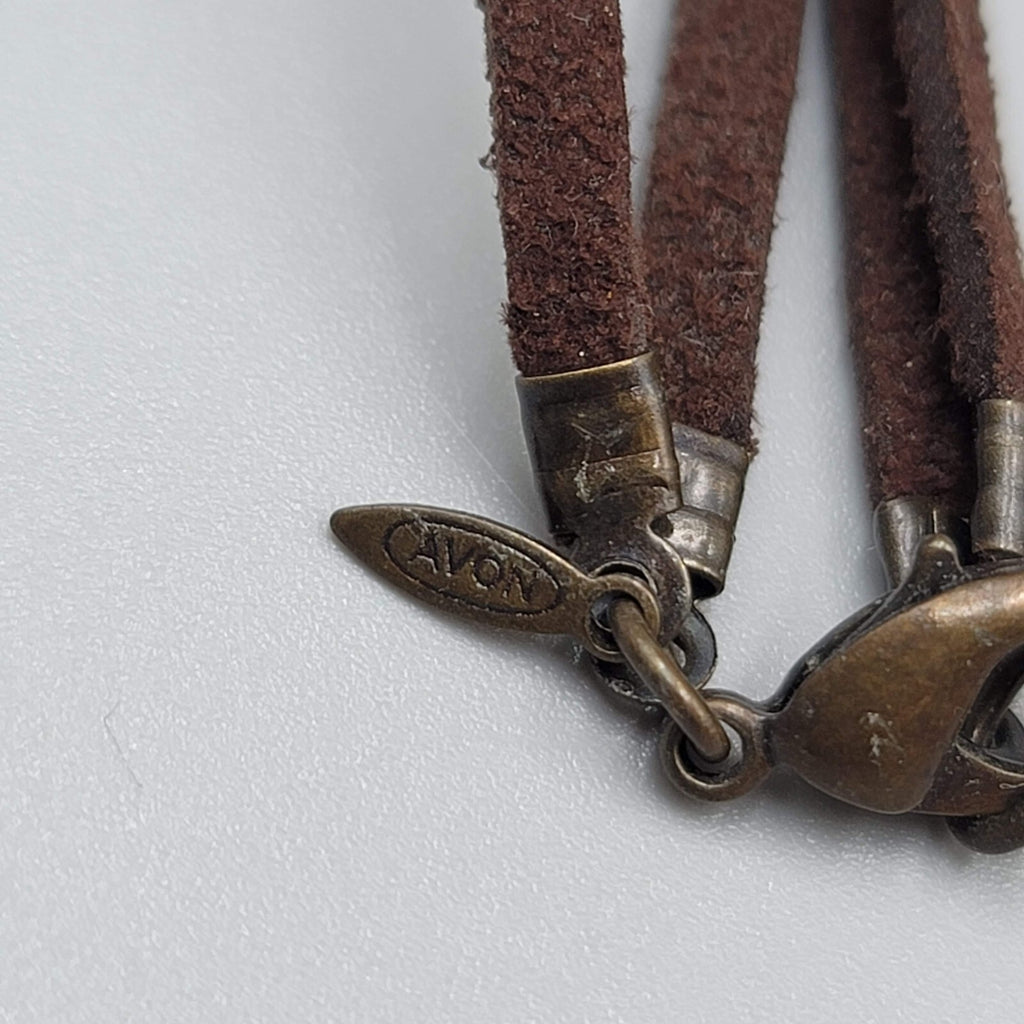 Avon Tigers Eye Stone Bead Necklace Bronze tone Medallion Leather Cord 16"