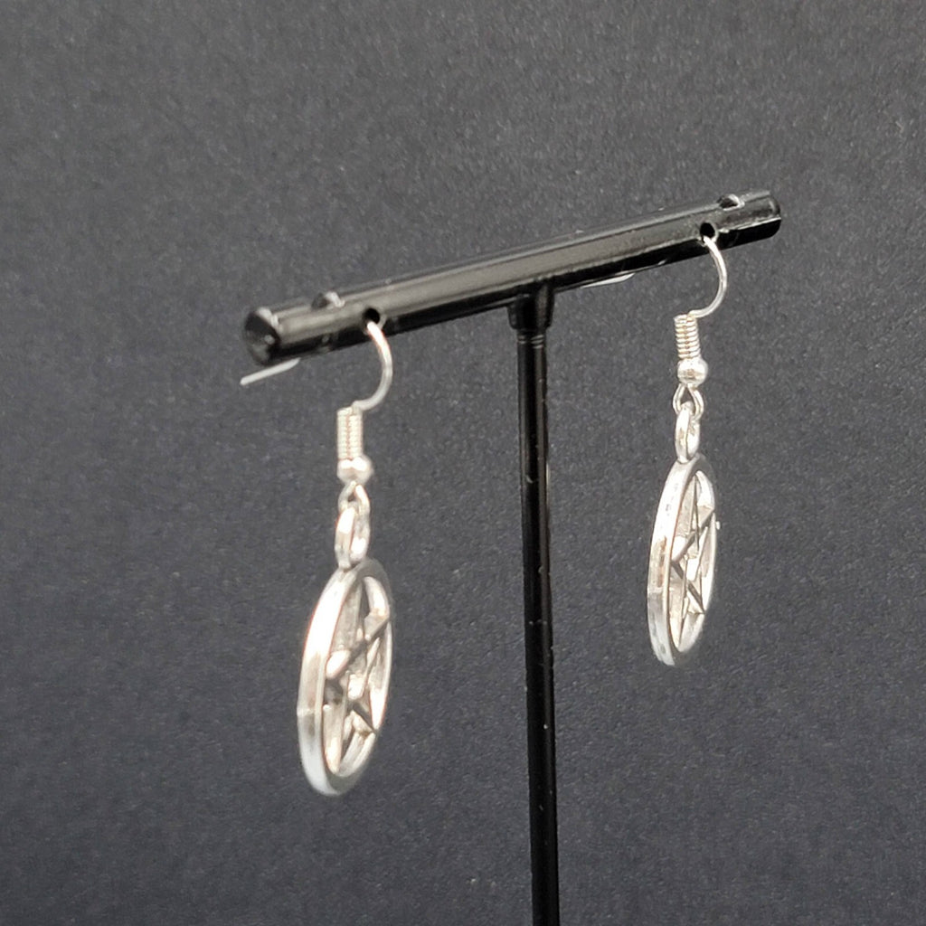 New Pentagram Circle Pierced Earrings Smooth Silver tone Dangle 1"
