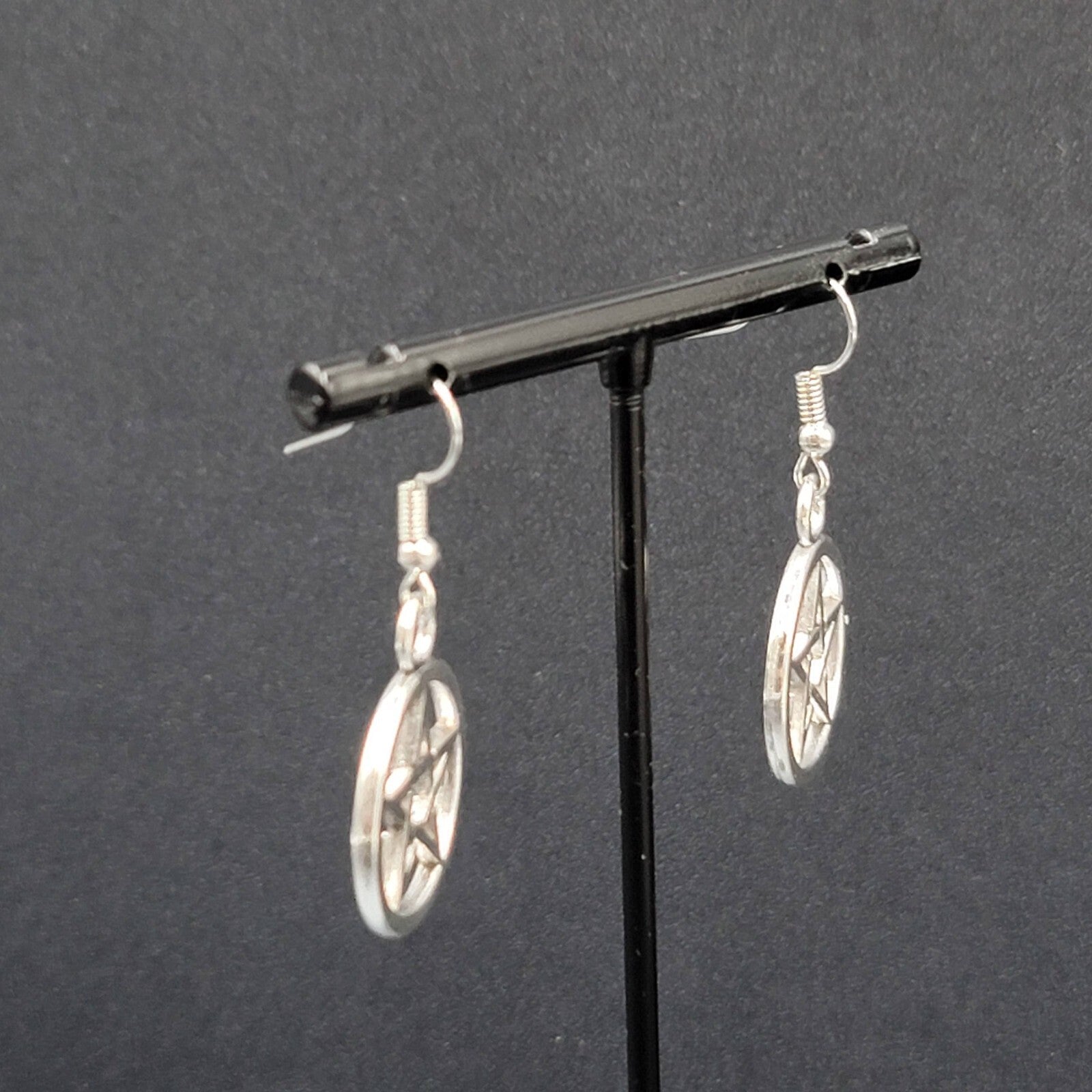 New Pentagram Circle Pierced Earrings Smooth Silver tone Dangle 1"