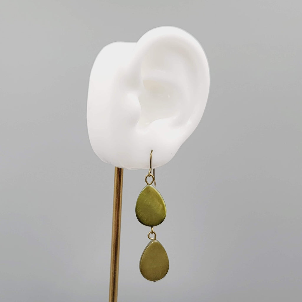 Teardrop Dangle Pierced Earrings Green Dyed Shell Bronze tone 1.75"