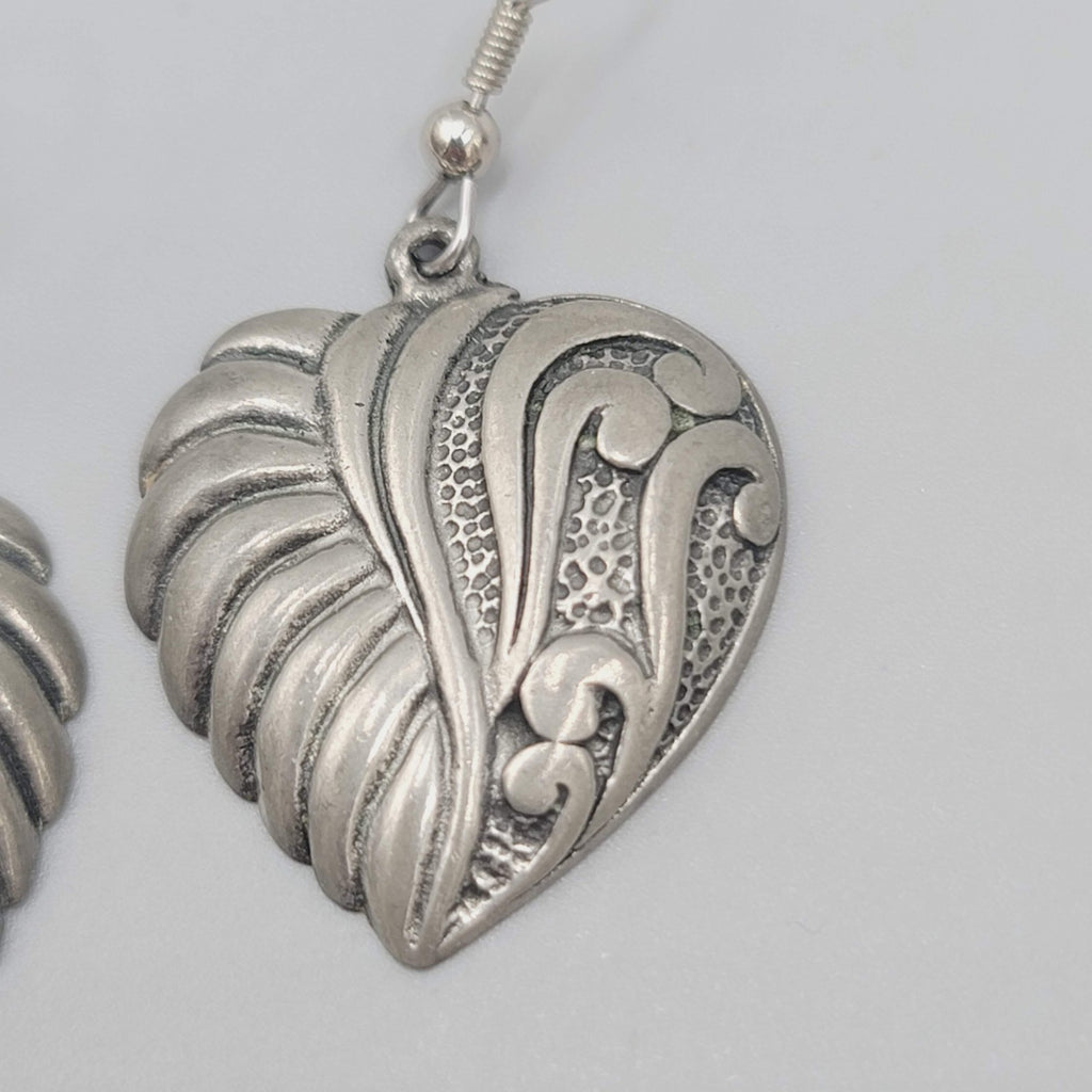 Vintage EGE Pewter Heart Pierced Earrings Dangle 1.25"