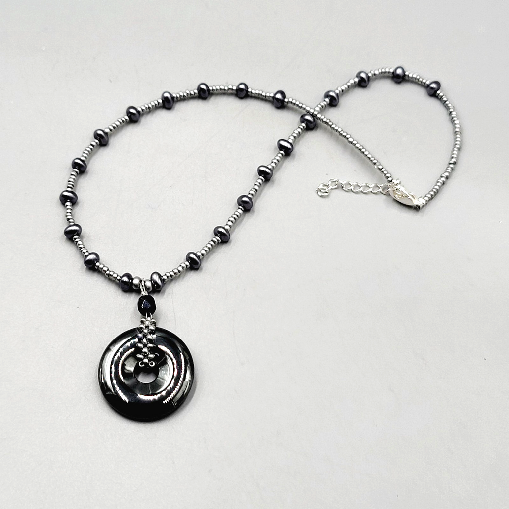Black Hematite Beaded Necklace Silver Tone Circle Pendant Adjustable 18 Inch