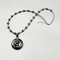 Black Hematite Beaded Necklace Silver Tone Circle Pendant Adjustable 18 Inch